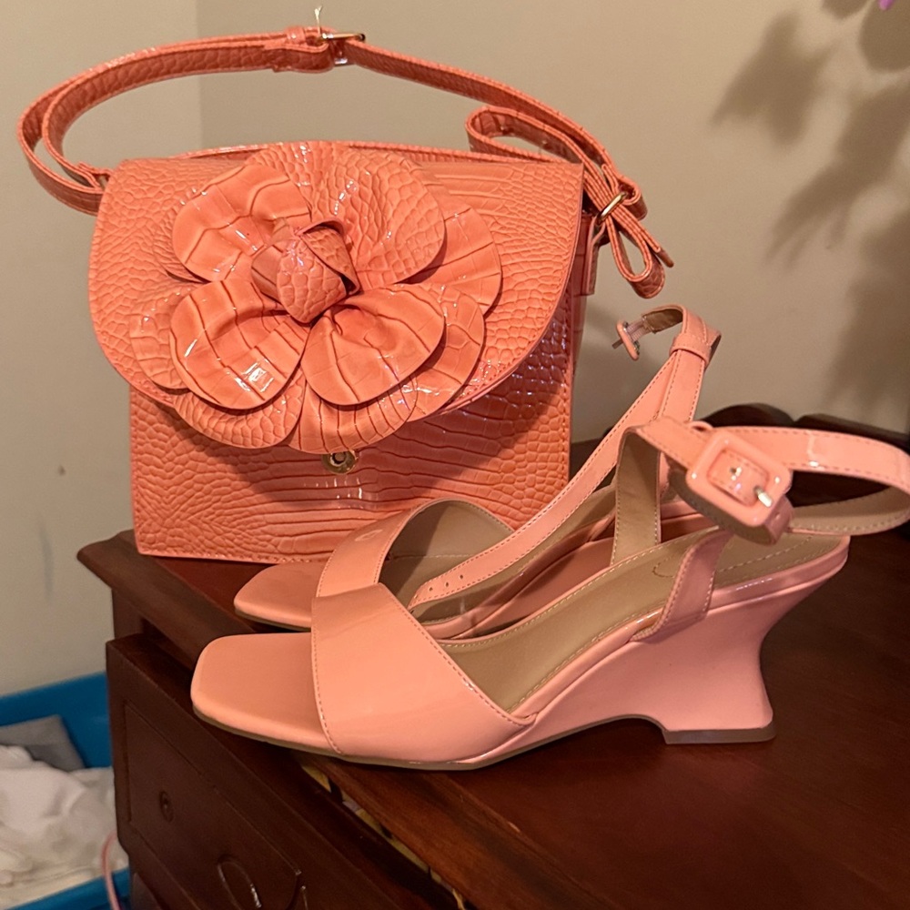 Peach Handbag and Wedge Sandals Set